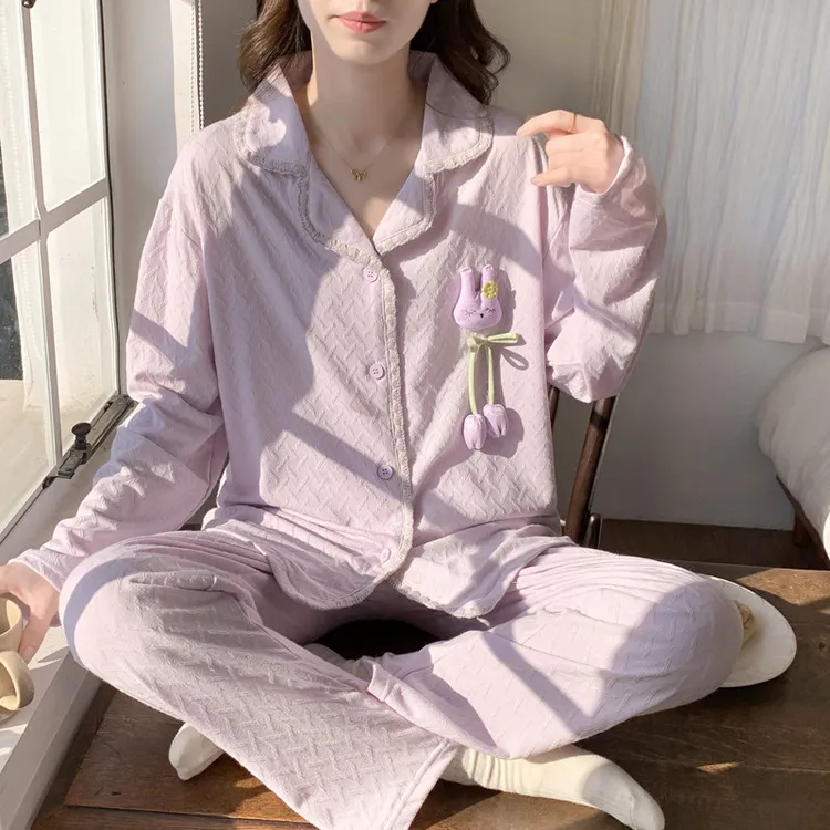 2025年春秋季新款纯棉睡衣女套装可爱卡通可外穿V领家居服套装