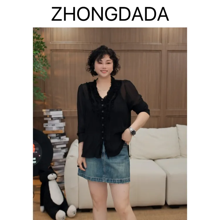 ZHONG大大【浪漫满屋】夏季新款简约文艺百搭气质木耳边衬衫女1287