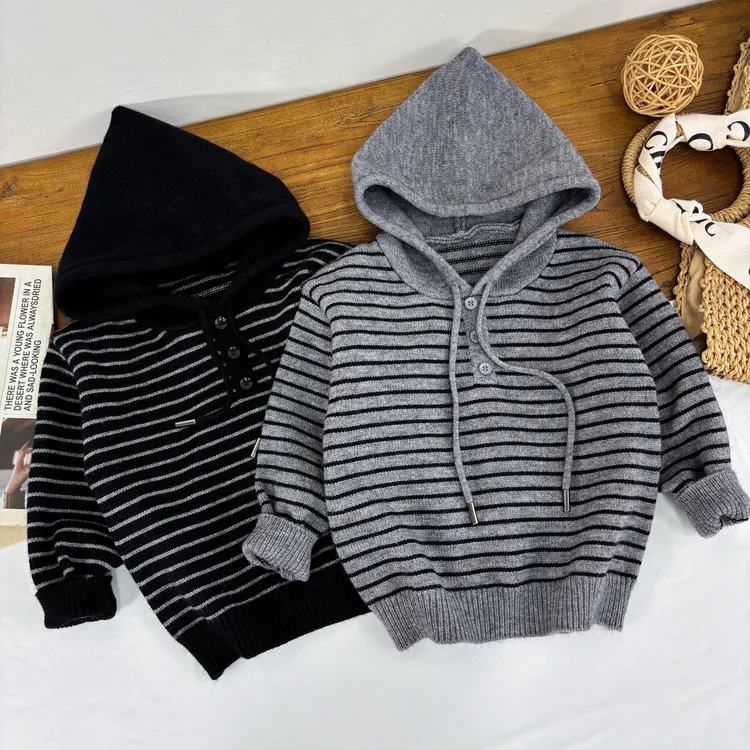儿童毛衣2025年秋季新款条纹韩版休闲连帽针织衫男童洋气百搭上衣