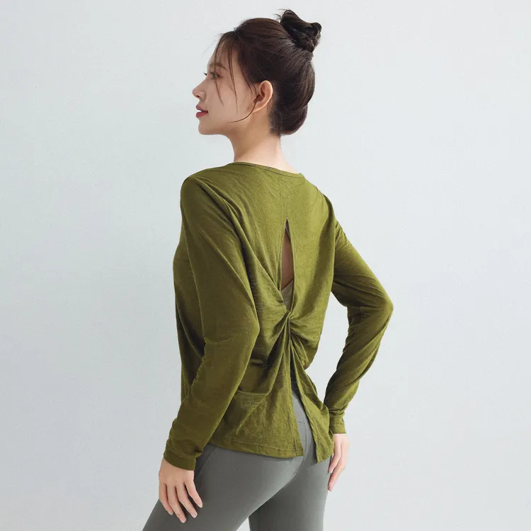瑜伽服女长袖开叉透气速干运动上衣跑步健身服修身显瘦普拉提美背