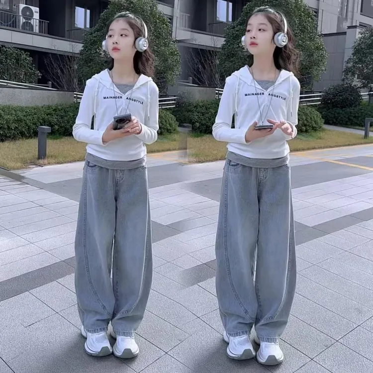 女童套装2025春季新款百搭帽衫时尚中大童洋气牛仔弯刀裤两件套潮