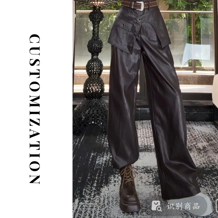 2025新款皮长裤设计师双片屁帘纽扣设计时尚休闲皮长裤2018