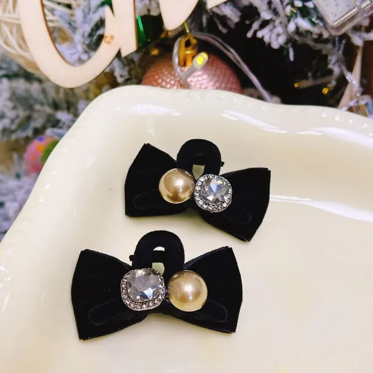 秋冬气质轻奢圆珠水钻丝绒蝴蝶结刘海夹侧边夹碎发夹发饰4cm