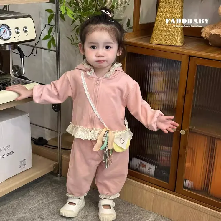 女童套装2025新款洋气儿童春装宝宝花边连帽卫衣外套卫裤两件套潮