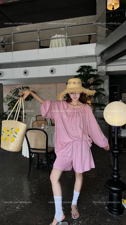 【短裤的热夏】HL棉绸夏季镂空领宽松休闲衬衫松紧腰短裤套装