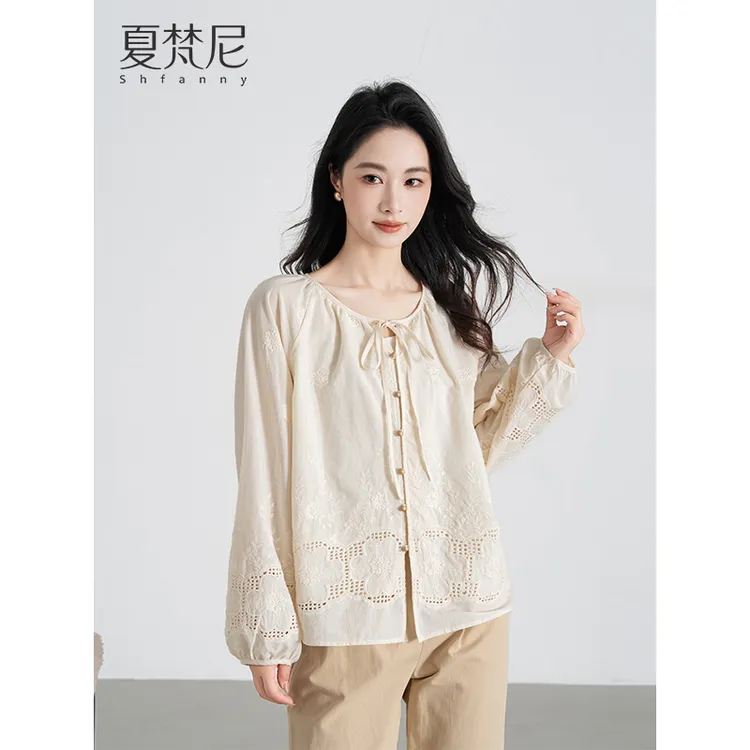 夏梵尼午后烟雨2025新款爆款洋气衬衫系带刺绣镂空百搭气质小衫