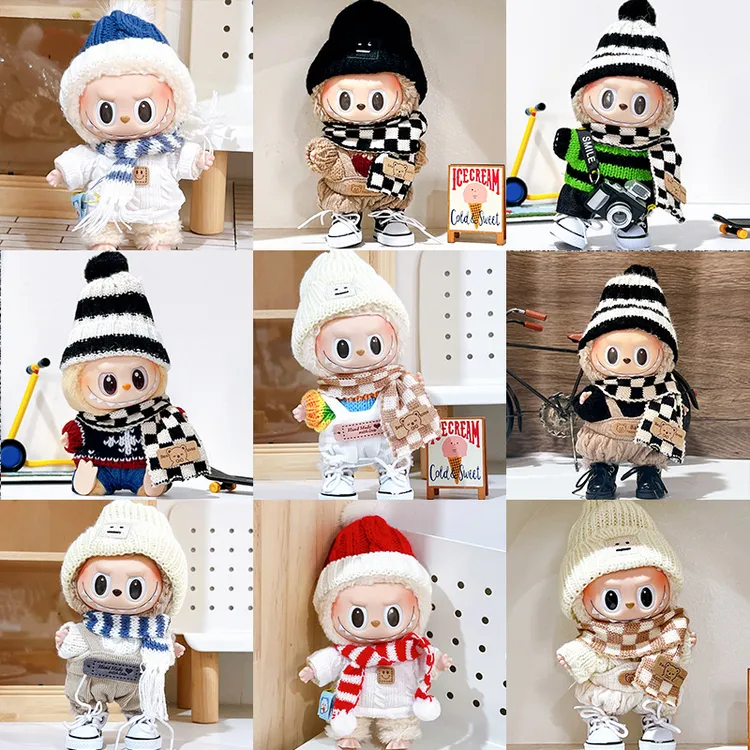 17cm拉布布娃衣一二代坐坐派对搪胶公仔labubu挂件配饰