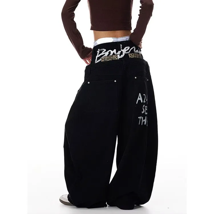 美式复古双腰头拼接涂鸦字母印花牛仔裤男女宽松弯刀阔腿拖地裤