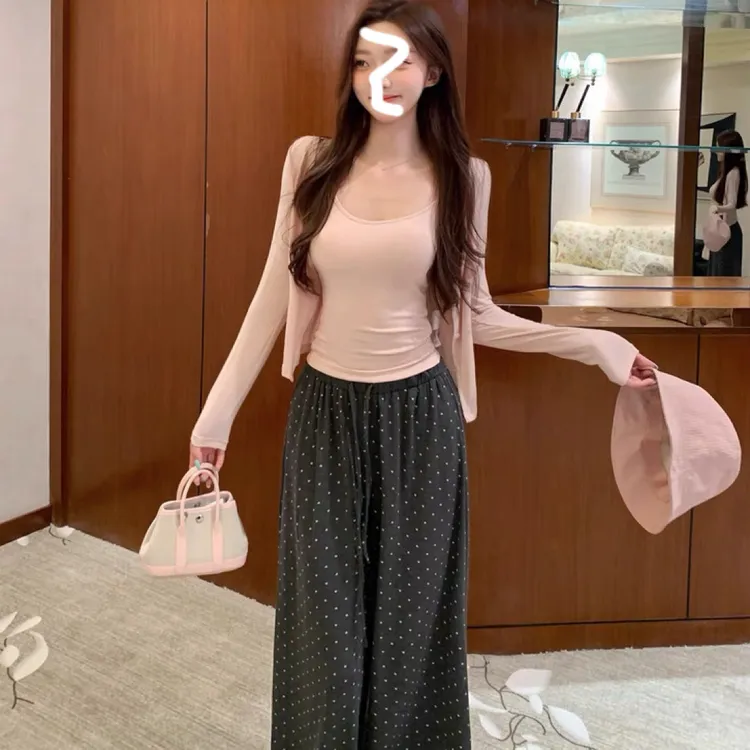 初秋显瘦气质吊带长袖开衫搭时尚百搭休闲裤子三件套套装