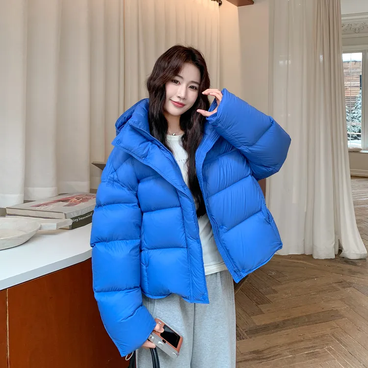 韩系短款蓝色轻薄羽绒服女2025冬季新款立领面包服白鸭绒外套加厚