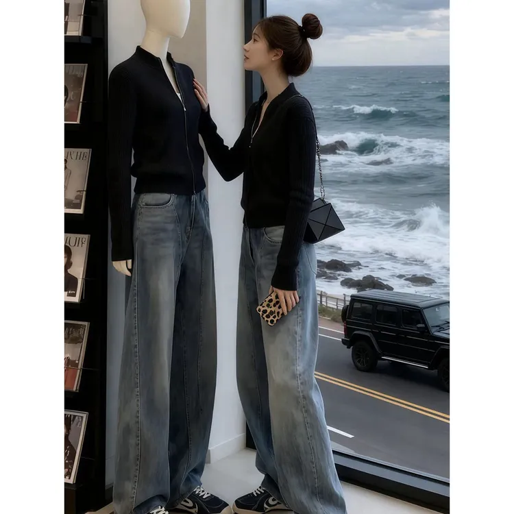 一整套搭配秋装韩系气质时尚运动休闲黑色针织上衣牛仔裤套装女冬