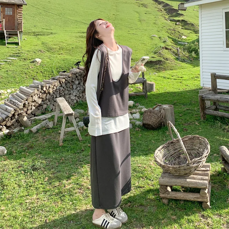 休闲慵懒风马甲T恤半裙套装2025春秋新款韩系ins风时尚显瘦三件套