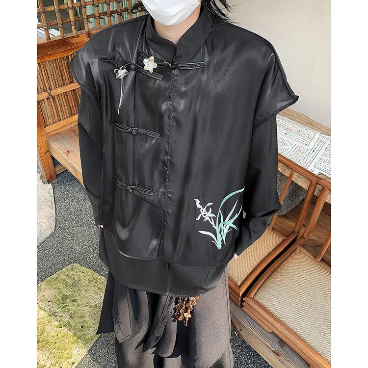 2025春夏款新中式男装假两件刺绣兰花流光飘逸衬衫发型师盘扣衬衣