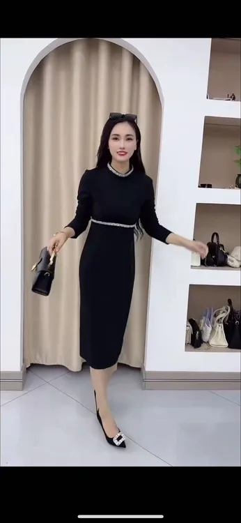 拉链七分袖长袖显瘦轻职风连衣裙修身打底失序混搭风