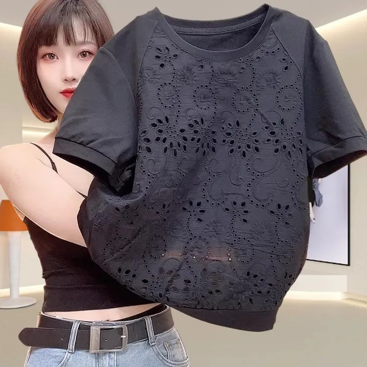 洋气精致花纹短袖设计感t恤女时尚减龄小衫夏季宽松休闲纯棉上衣