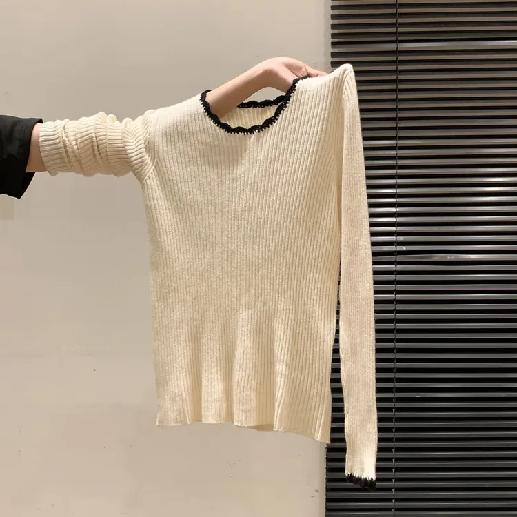 小婉薇韩系撞色木耳边长袖针织打底秋冬新款修身显瘦可外穿上衣女