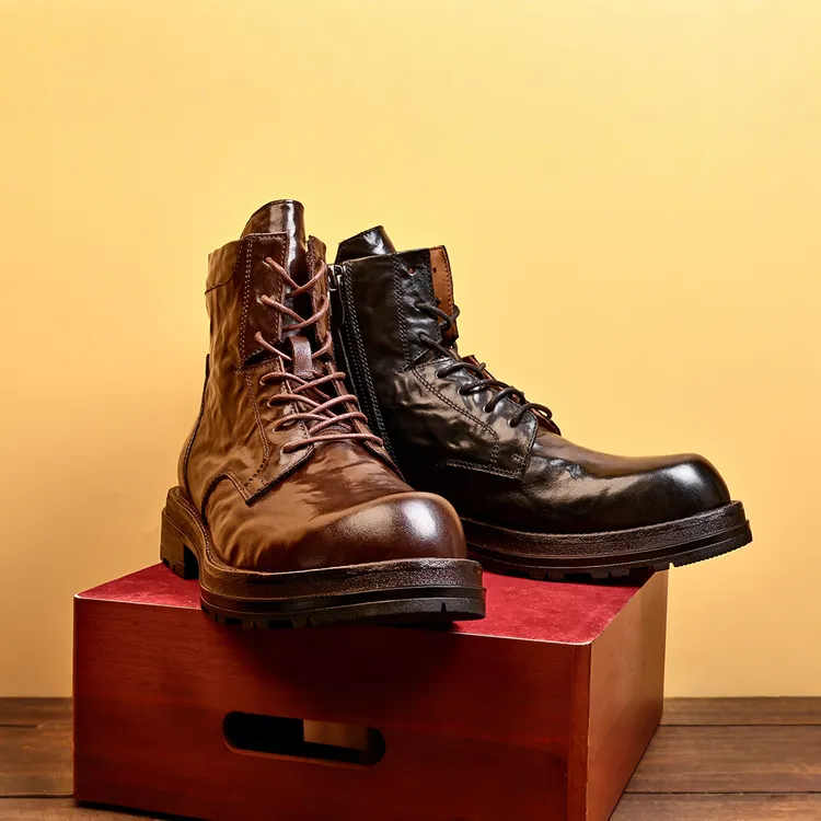 Brounvanm男士潮流马丁靴中帮英伦风圆头真皮靴子时尚工装靴X5A73