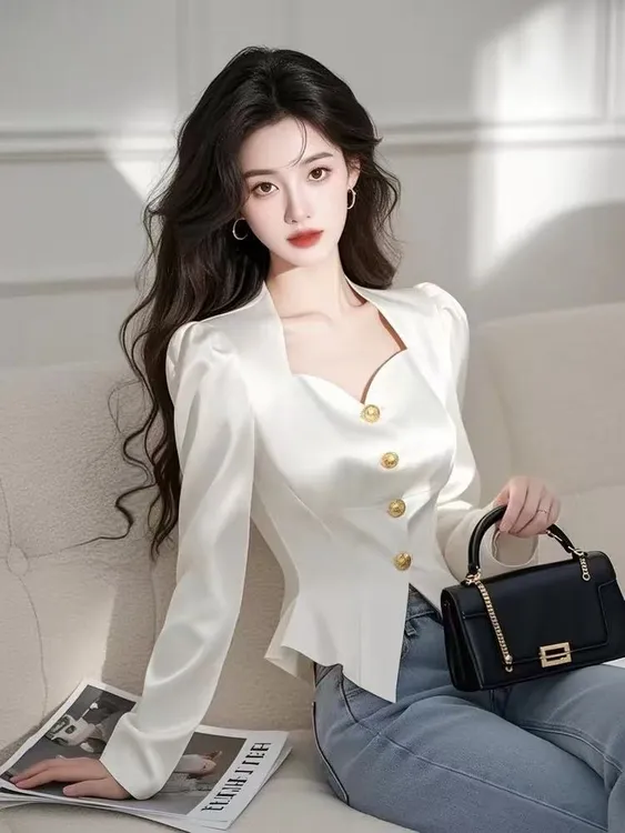 SS520法式白色缎面衬衫女高级感春季轻熟御姐 穿搭上衣时尚小衫