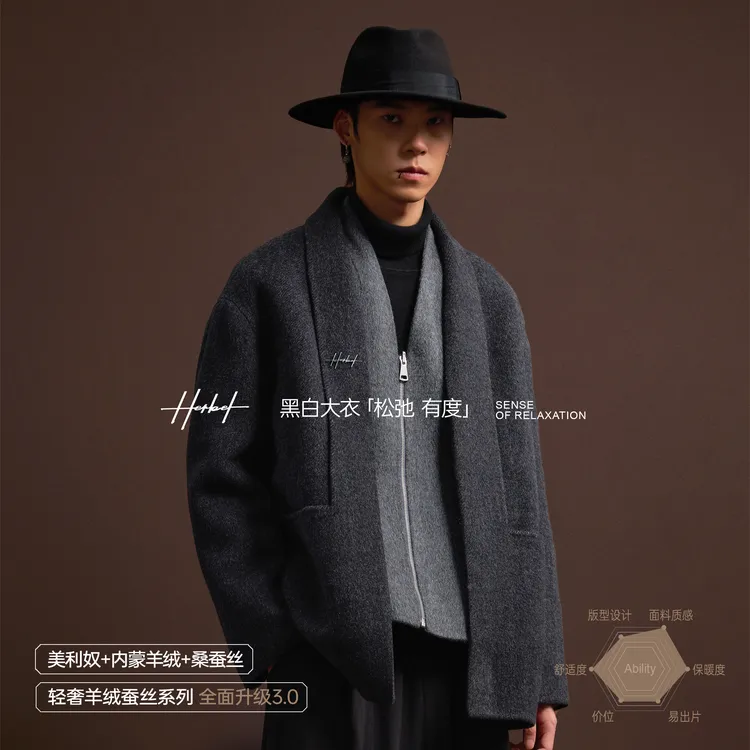 HERBEL/黑白秋冬新款围巾领男款绵羊毛大衣保暖百搭毛呢外套