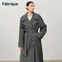 Fabrique Delia秋冬新品烟灰色绵羊毛人字纹配腰带大翻领长款大衣