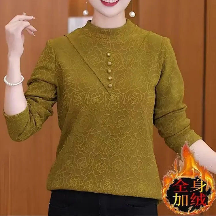 现货现发新款女士高档提花加绒圆领时尚打底衫长袖