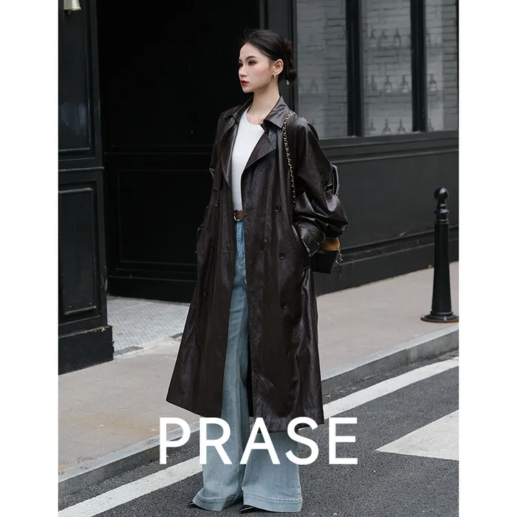 PRASE·噜【高分造型】微胖轻奢设计款秋时尚气质长款皮风衣PR507E09