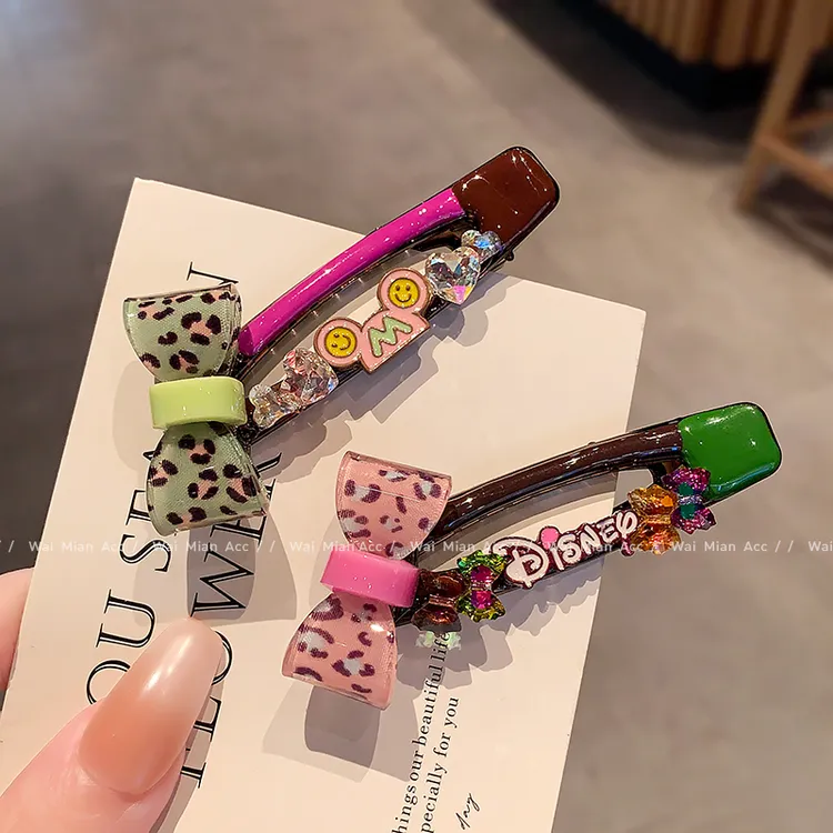 甜美豹纹蝴蝶结发夹鸭嘴夹女卡通可爱水钻刘海夹边夹儿童发卡新款