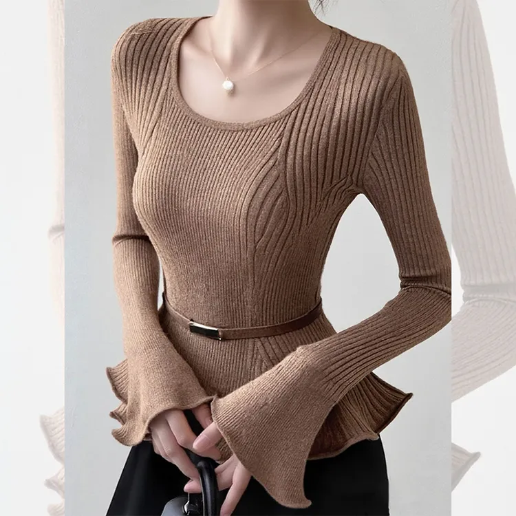 洋气高贵驼色喇叭袖针织衫上衣女韩系秋冬装独特漂亮内搭花边小衫
