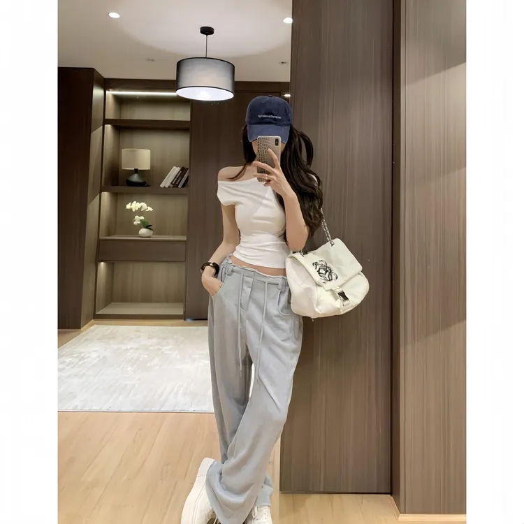 【今日上新】显瘦休闲裤套装夏季白色短袖女t恤宽松高腰灰色裤子潮