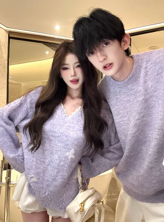 情侣装慵懒风软糯紫色毛衣秋冬季2025新款高级感法式小众设计感
