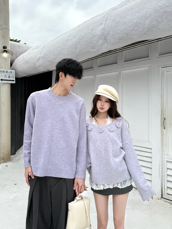 情侣装秋冬圆领提花针织保暖女毛针织衫蕾丝内搭两件套潮