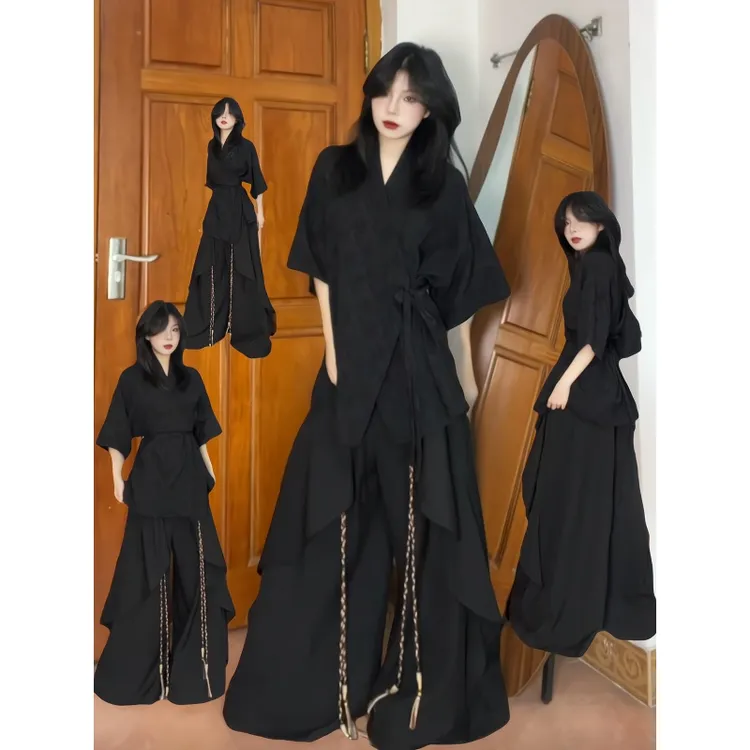 2025新款清冷感禅意风穿搭黑色宽松绑带上衣搭设计感休闲裤两件套