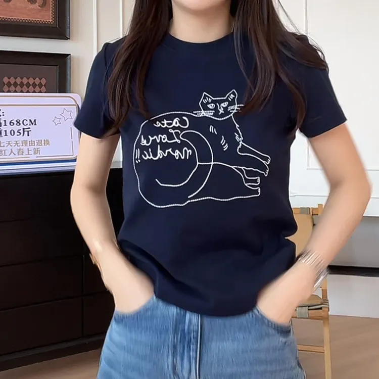 2025夏季新款短袖猫咪刺绣圆领休闲T恤女时尚显瘦百搭韩版上衣潮