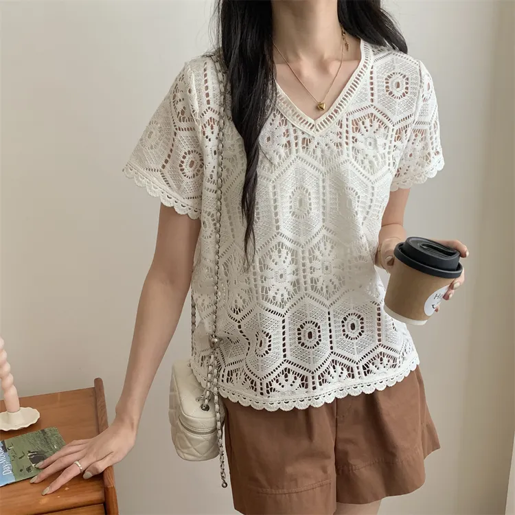 复古女士韩版镂空蕾丝T恤重工短袖V领镂空小众圆领