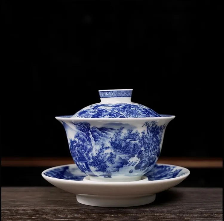 【精品盖碗】景德镇制手工青花瓷山水元宝盖碗陶瓷手工高温釉下彩