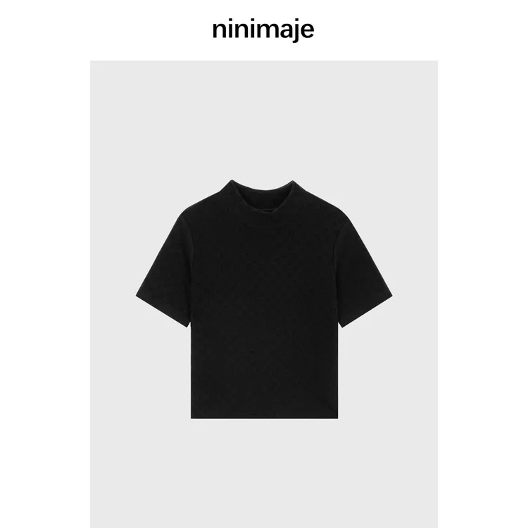 NanBeiBei 肌理感圆领黑棋盘格T 8092