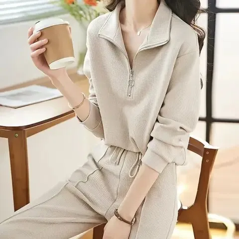 休闲运动服两件套女装秋冬新款简约翻领卫衣松紧腰长裤女套装