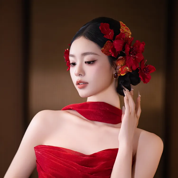 非金属布艺婚庆饰品 新娘婚礼纯欲红色仿真花中式礼服配饰MC3090R