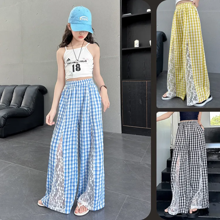 女童格子蕾丝拼接休闲阔腿裤中大童儿童6-12岁洋气夏季薄款防蚊裤