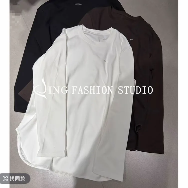 JING冬款35530磨毛圆领长袖T恤女装宽松百搭设计感