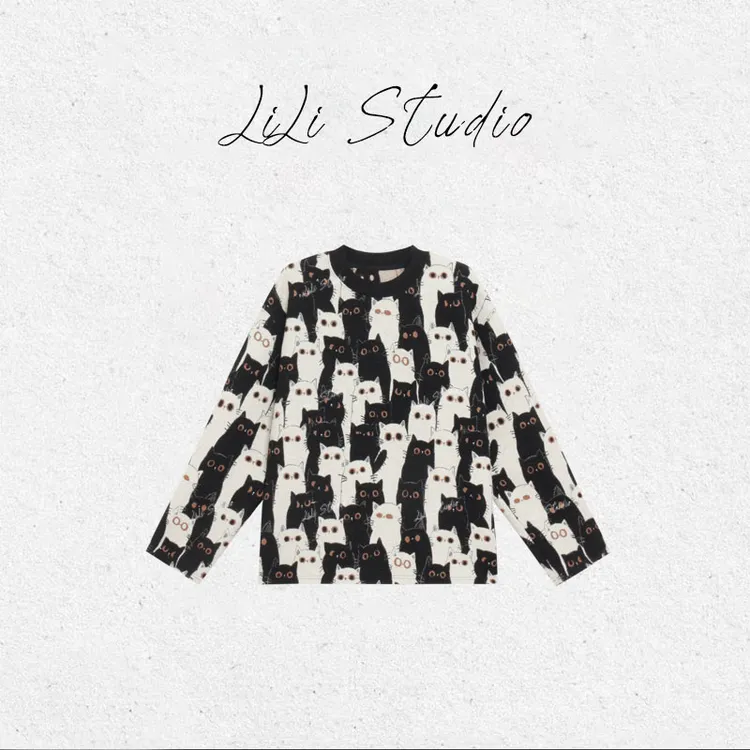 PCNY丨不理理「黑白喵影」抽象减龄猫咪图案圆领套头宽松慵懒卫衣