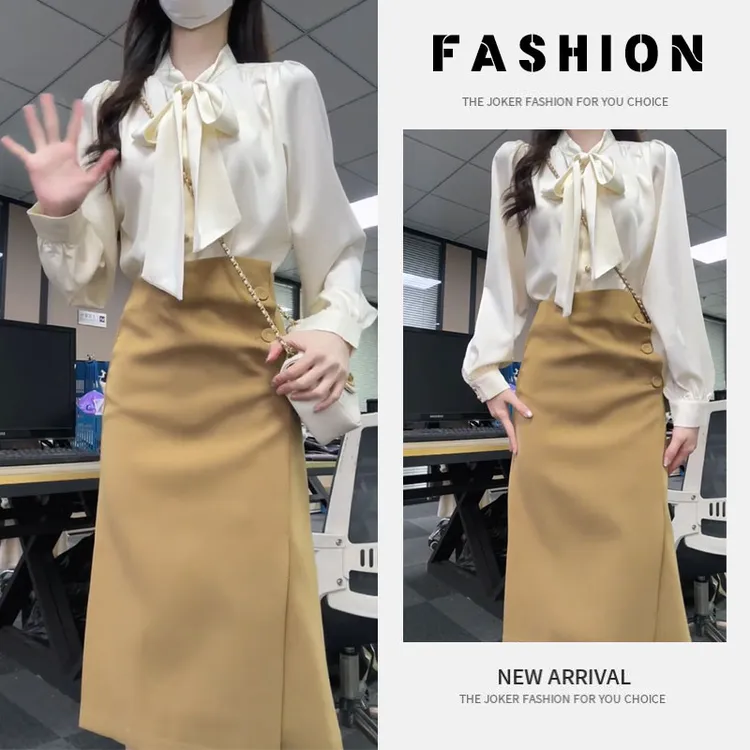 早秋一整套女装2025新款韩版围巾领轻熟风衬衫不规则半身裙两件套