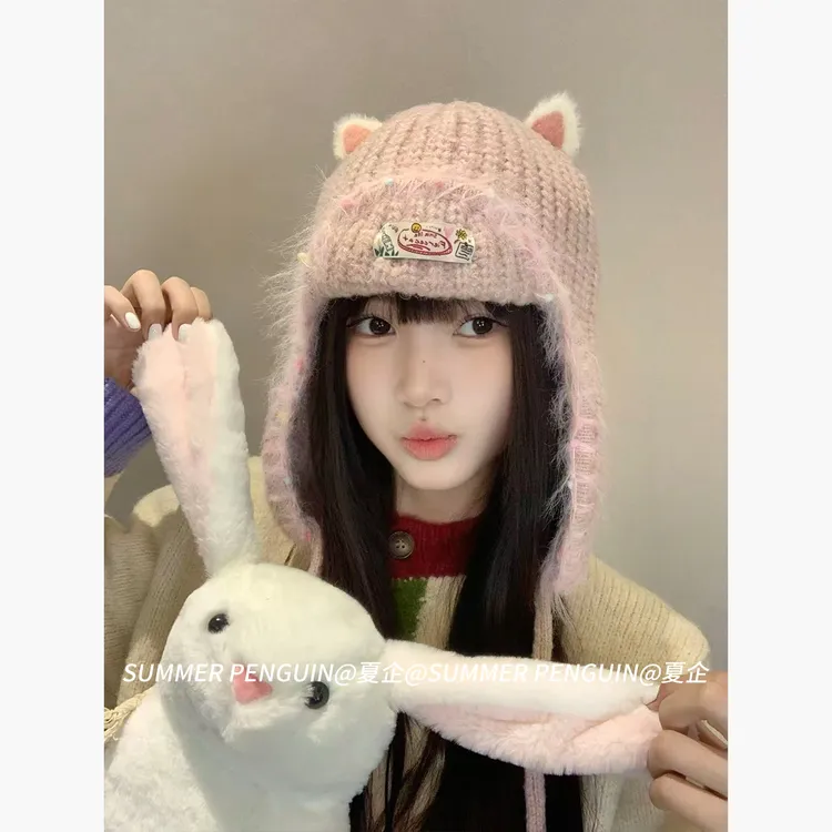 SUMMER PENGUIN可爱毛线帽保暖护耳帽女宽松大头围包头帽套头帽