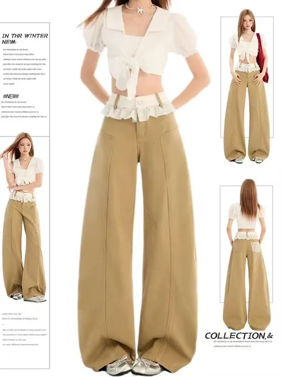 美式复古卡其色蕾丝拼接弯刀牛仔裤女春季设计感宽松阔腿镰刀裤子