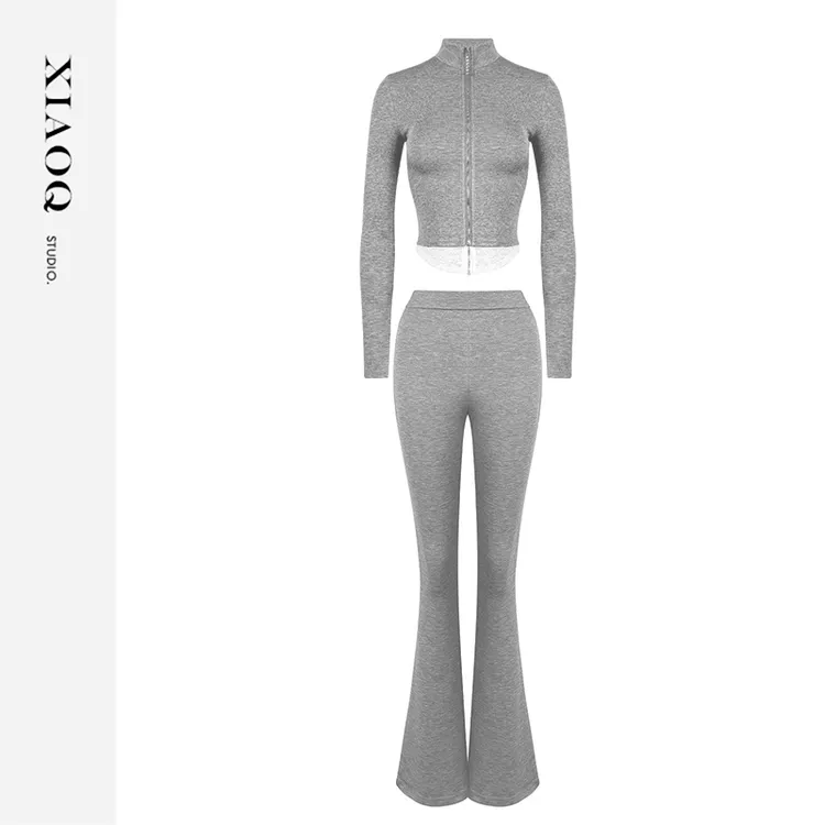 XIAOQ「灰韵蕾语」蕾丝拼接上衣+高腰喇叭裤套装时尚日常出行87840