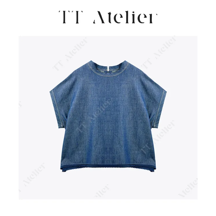 TT设计师【文艺复兴】夏季新款小众时尚小飞袖牛仔短袖TT2542007