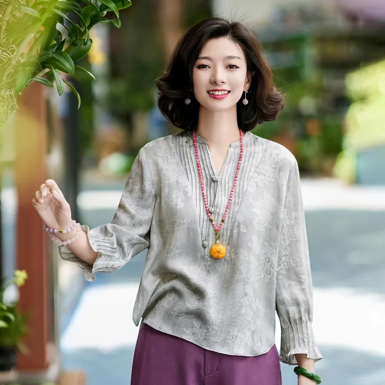 西子/【灰花令】亚麻天丝花萝炒色暗纹提花交领灰色上衣/SYBH1988