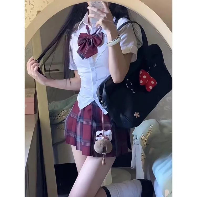 纯欲辣妹风jk制服裙正版格裙收腰衬衫女学院风格子百褶短裙子套装