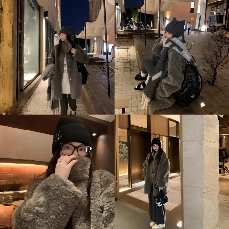 富人区teddy慵懒风立领皮毛一体中长款仿羊羔绒保暖百搭毛毛外套