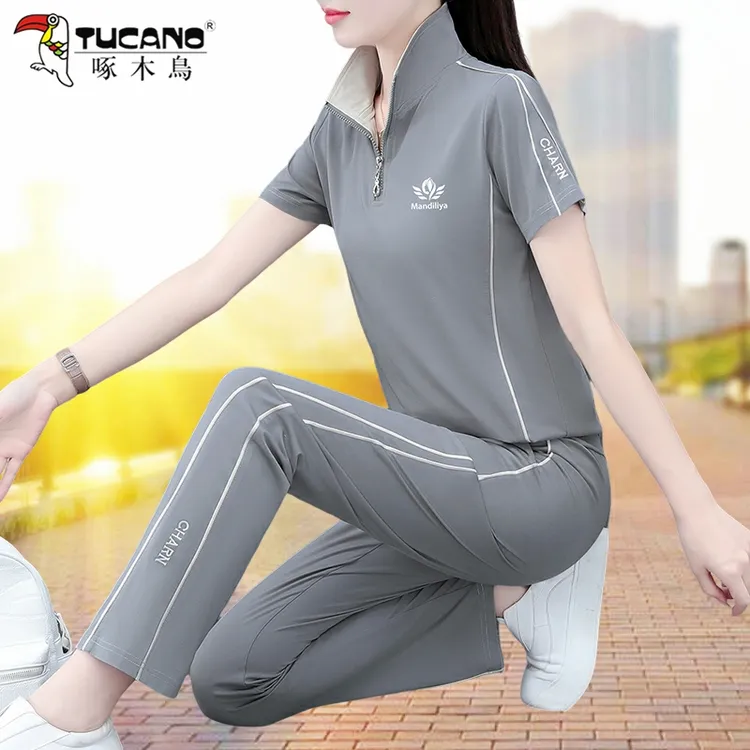 啄木鸟休闲运动套装女夏季2025新款时尚洋气短袖减龄妈妈装两件套